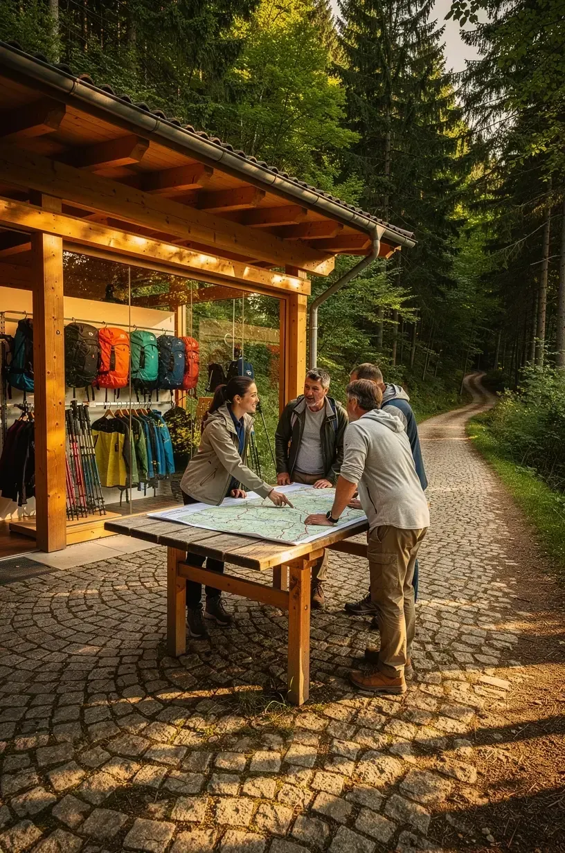 Geführte Wandergruppe mit erfahrenem Guide, die durch eine malerische Landschaft in den deutschen Mittelgebirgen führt.